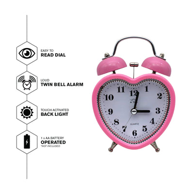LAZYwindow Twin Bell Analog Alarm Clock | Loud Ring | Retro Table Clock for Bedroom & Office Multicolor (Heart Shape)
