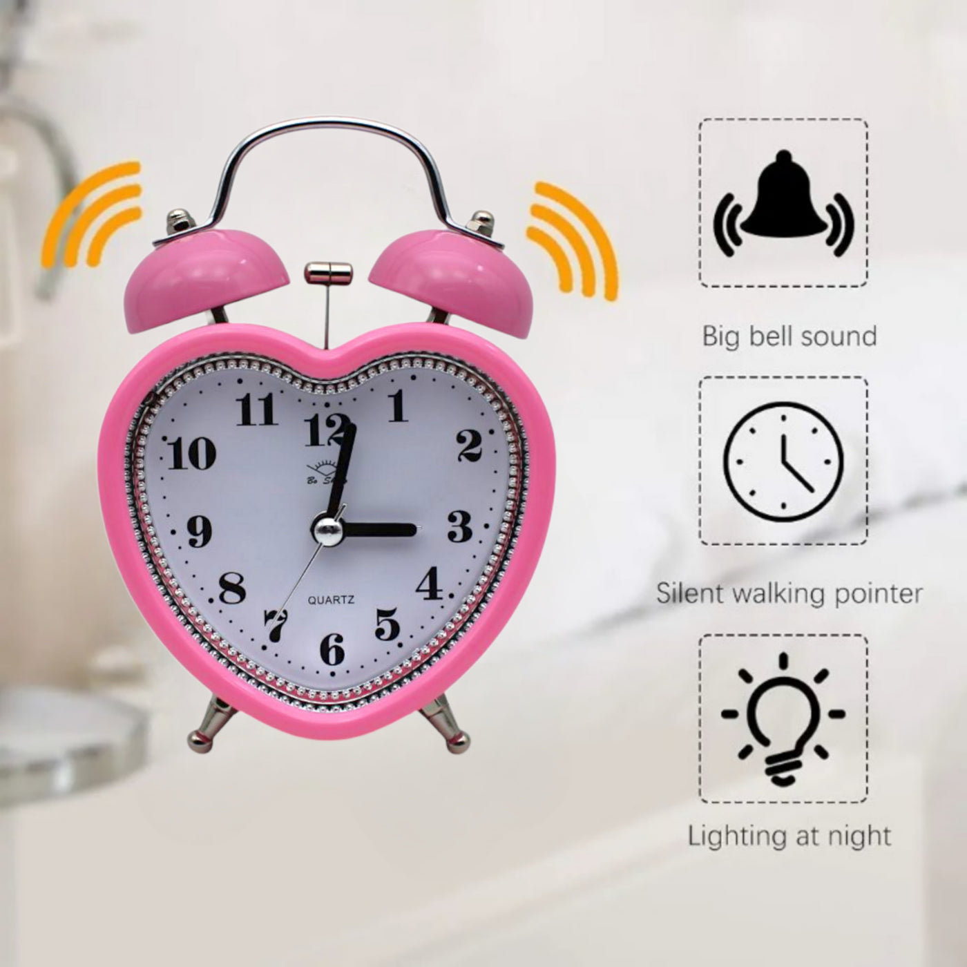 LAZYwindow Twin Bell Analog Alarm Clock | Loud Ring | Retro Table Clock for Bedroom & Office Multicolor (Heart Shape)