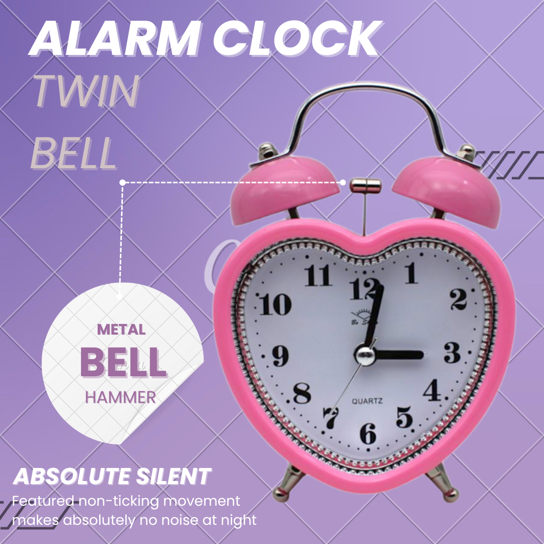 LAZYwindow Twin Bell Analog Alarm Clock | Loud Ring | Retro Table Clock for Bedroom & Office Multicolor (Heart Shape)