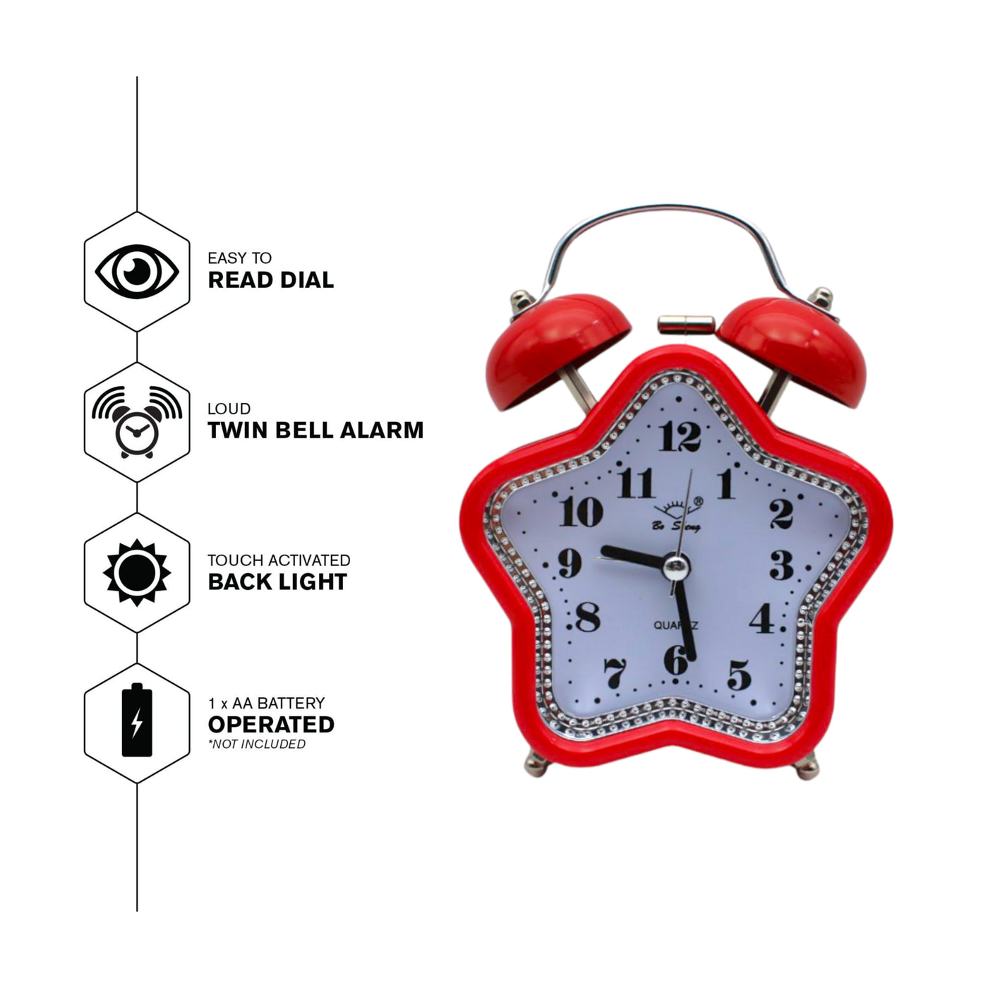LAZYwindow Twin Bell Analog Alarm Clock | Loud Ring | Retro Table Clock for Bedroom & Office Multicolor (Star Shape)