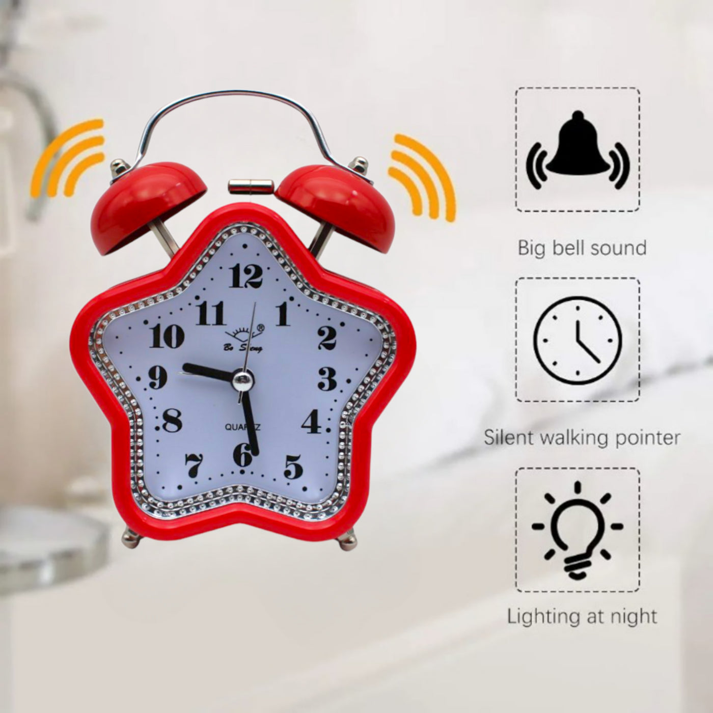 LAZYwindow Twin Bell Analog Alarm Clock | Loud Ring | Retro Table Clock for Bedroom & Office Multicolor (Star Shape)