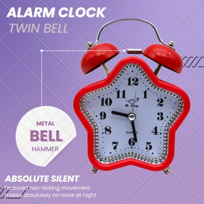 LAZYwindow Twin Bell Analog Alarm Clock | Loud Ring | Retro Table Clock for Bedroom & Office Multicolor (Star Shape)