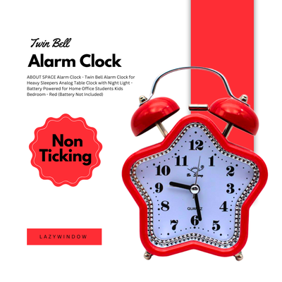 LAZYwindow Twin Bell Analog Alarm Clock | Loud Ring | Retro Table Clock for Bedroom & Office Multicolor (Star Shape)