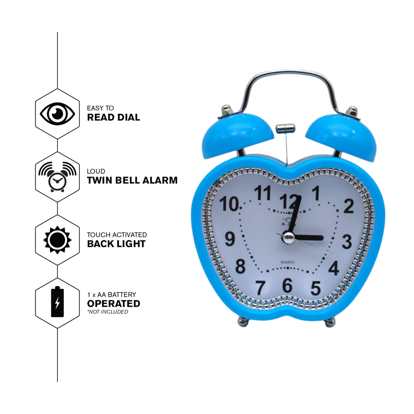 LAZYwindow Twin Bell Analog Alarm Clock | Loud Ring | Retro Table Clock for Bedroom & Office Multicolor (Apple Shape)