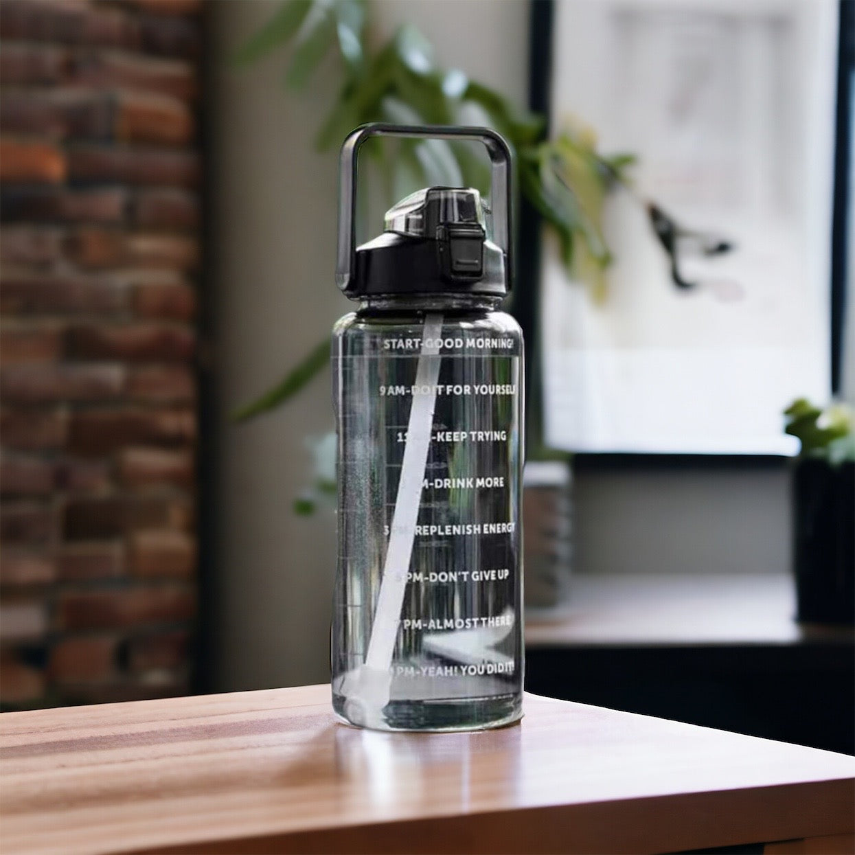 LAZYwindow 2 Litre Motivational Transparent Plastic Water Bottle – BPA-Free & Carry Handle (Black)