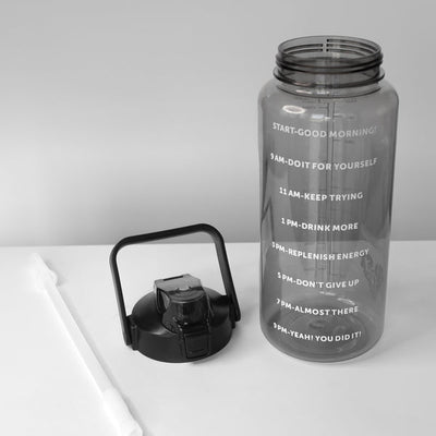LAZYwindow 2 Litre Motivational Transparent Plastic Water Bottle – BPA-Free & Carry Handle (Black)