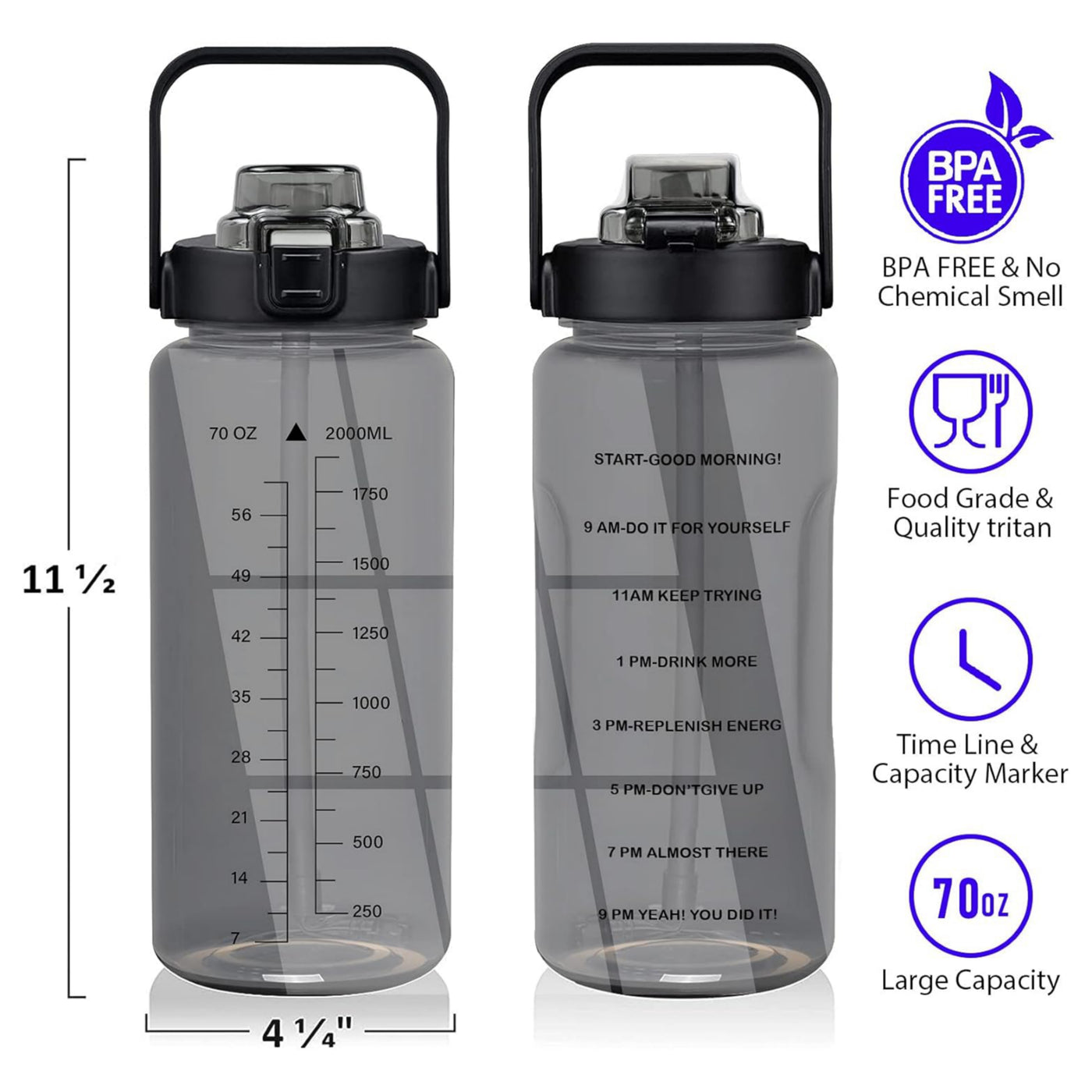 LAZYwindow 2 Litre Motivational Transparent Plastic Water Bottle – BPA-Free & Carry Handle (Black)