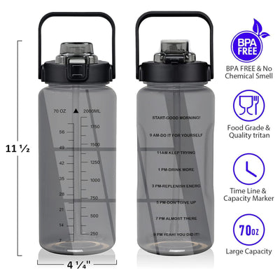 LAZYwindow 2 Litre Motivational Transparent Plastic Water Bottle – BPA-Free & Carry Handle (Black)