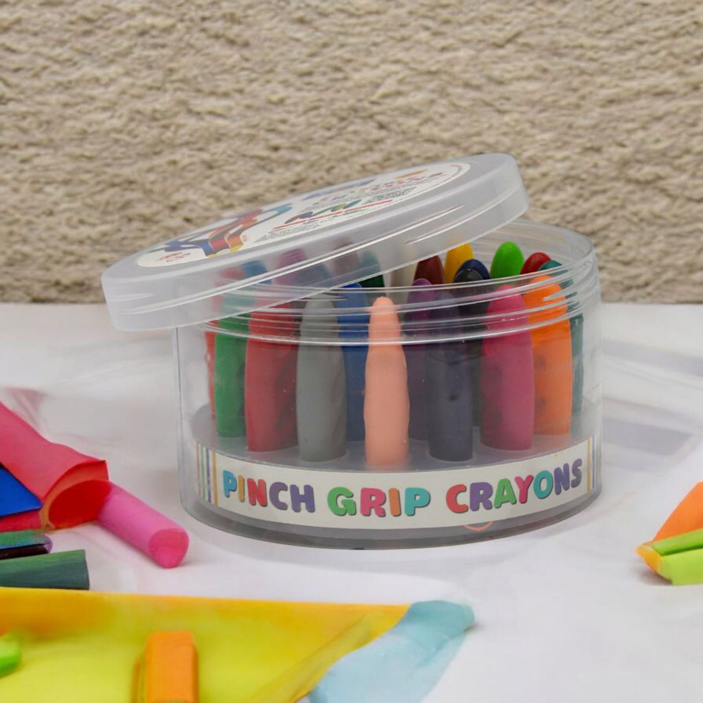 DOZY Fine Pinch Grip Crayons Colours – 24 Vibrant Colours | Round Storage Box