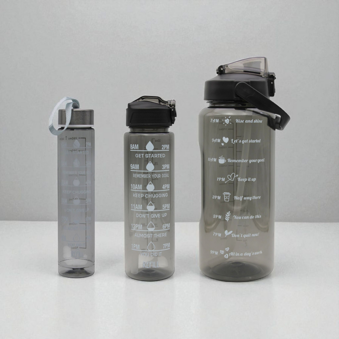 LAZYwindow 2 Litre Motivational Transparent Plastic Water Bottle – 3 Set | Carry Handle (Black)