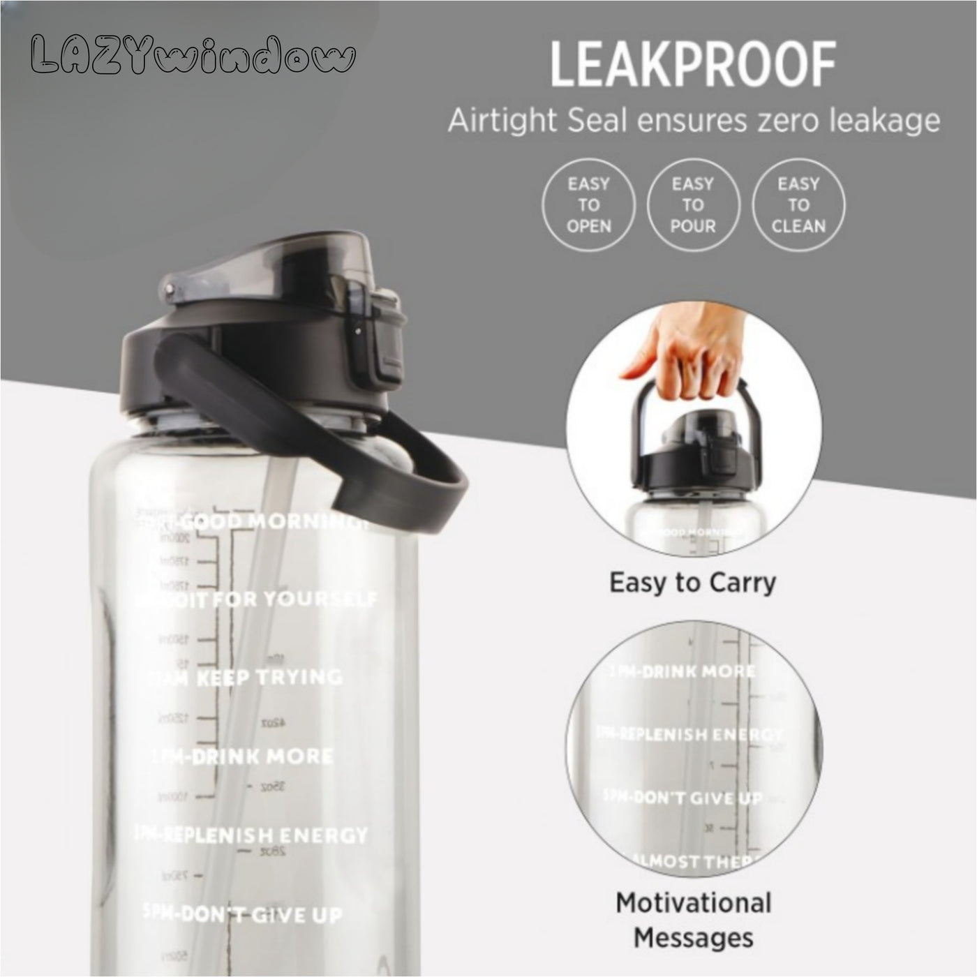 LAZYwindow 2 Litre Motivational Transparent Plastic Water Bottle – 3 Set | Carry Handle (Black)