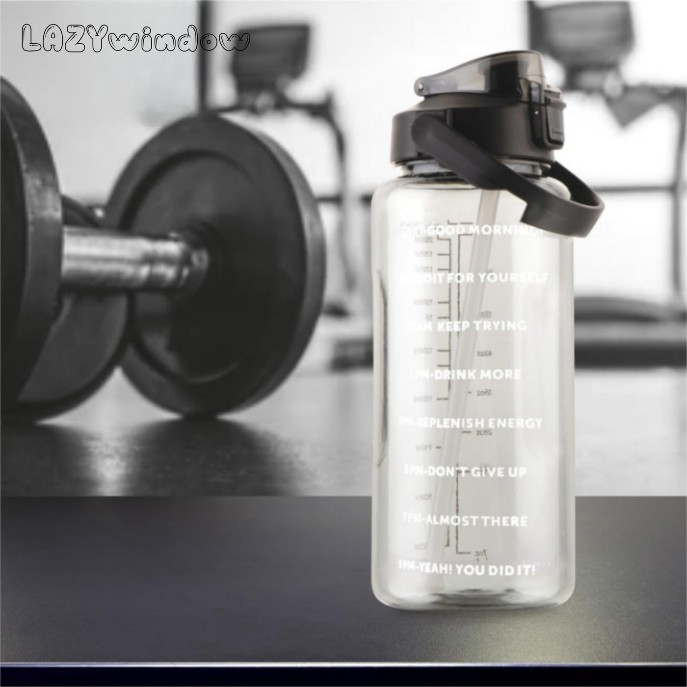 LAZYwindow 2 Litre Motivational Transparent Plastic Water Bottle – 3 Set | Carry Handle (Black)