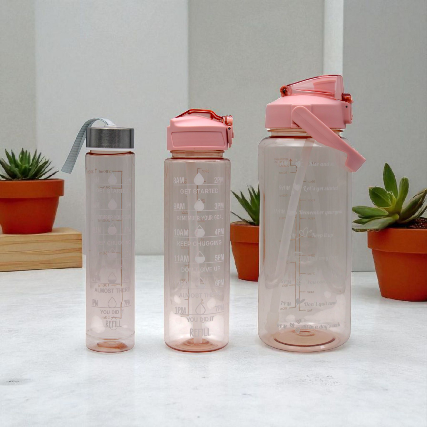 LAZYwindow 2 Litre Motivational Transparent Plastic Water Bottle – 3 Set | Carry Handle (Black)