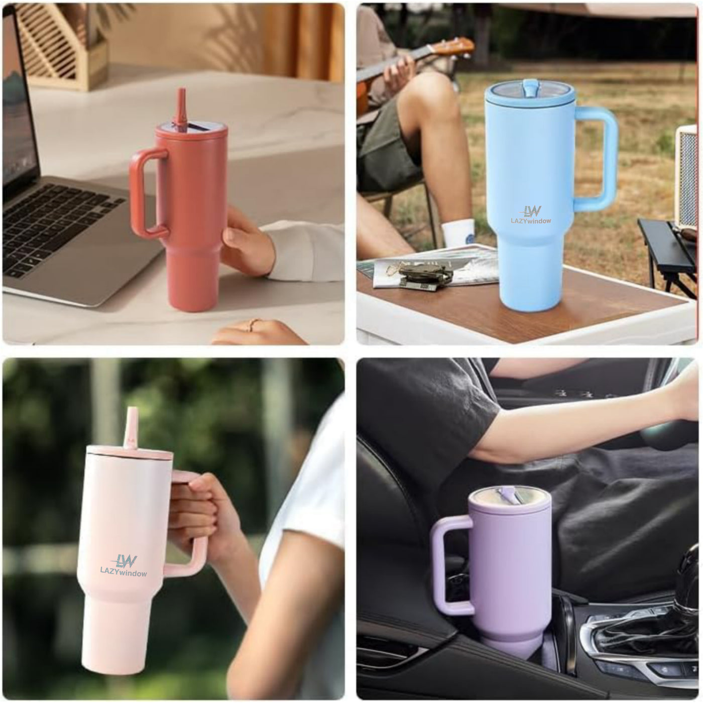 LAZYwindow Insulated Stainless Steel Tumbler 1200ml | Hot & Cold Thermos Cup with Straw & Spill-Proof Lid (Pink)