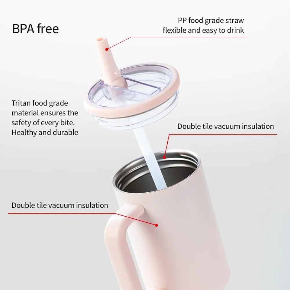 LAZYwindow Insulated Stainless Steel Tumbler 1200ml | Hot & Cold Thermos Cup with Straw & Spill-Proof Lid (Pink)