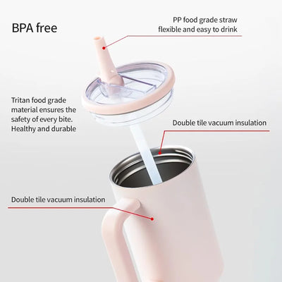 LAZYwindow Insulated Stainless Steel Tumbler 1200ml | Hot & Cold Thermos Cup with Straw & Spill-Proof Lid (Pink)