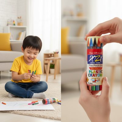 DOZY Triangle Plastic Crayons Colours – 12 Vibrant Colours | Pack of 3